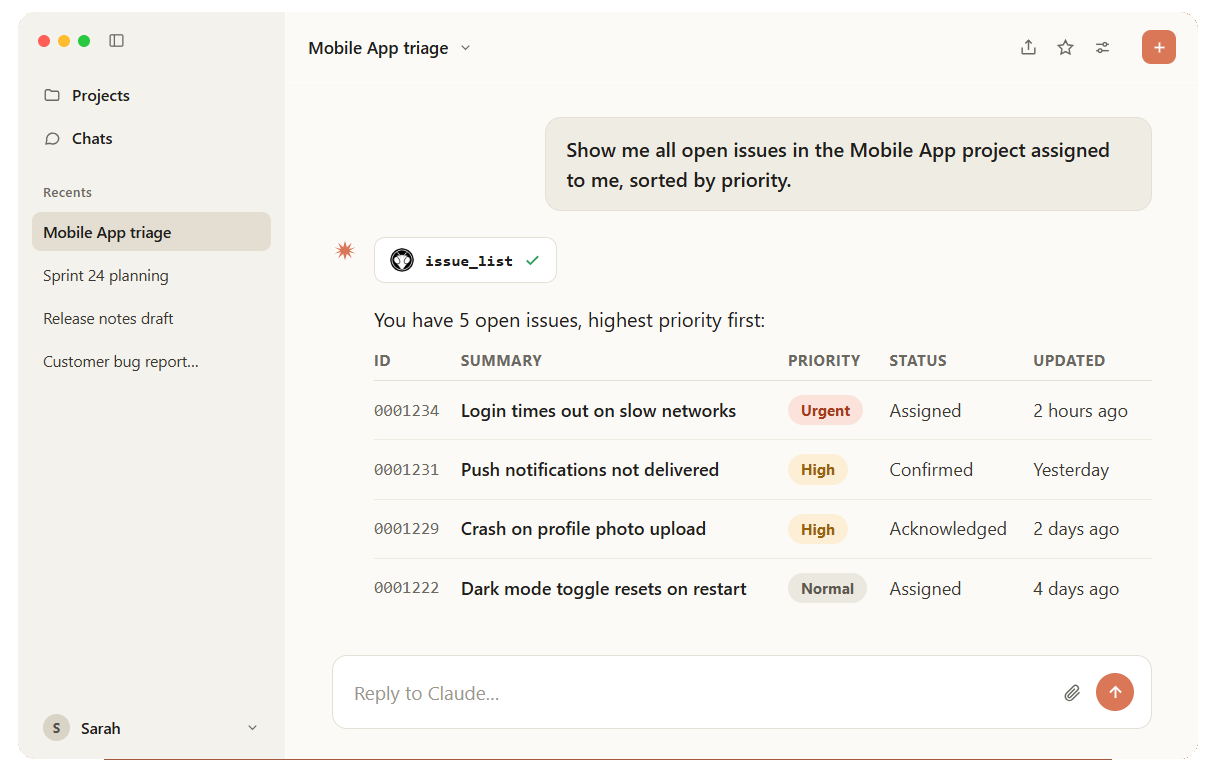 An AI assistant asked to show open issues in the Mobile App project sorted by priority, calling MantisHub's issue_list tool and returning a table of matching issues