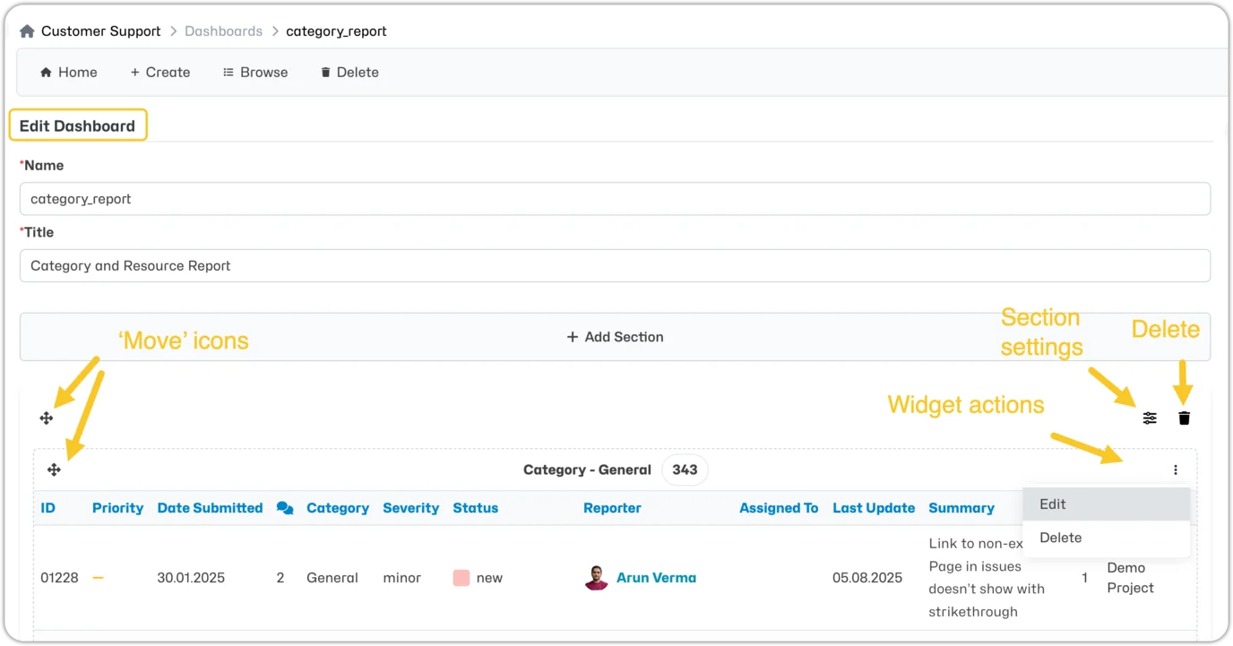 Edit dashboard