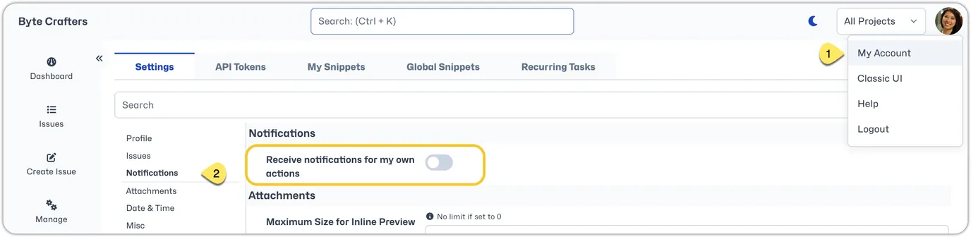 Receive Email for own actions setting