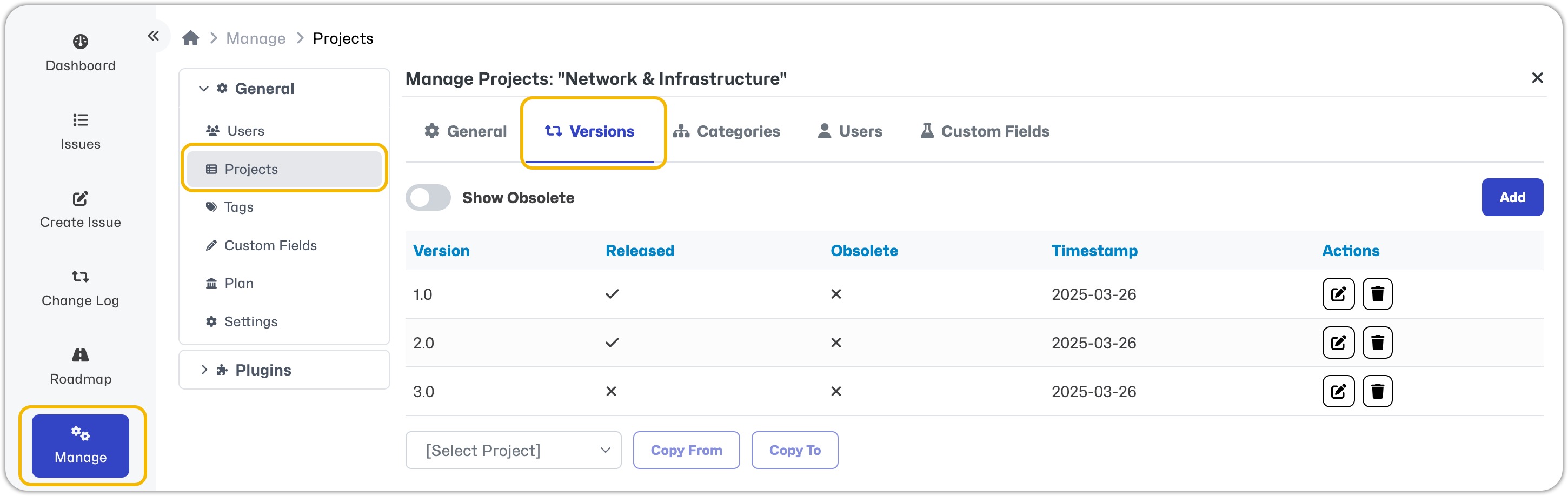 Configure Project Versions