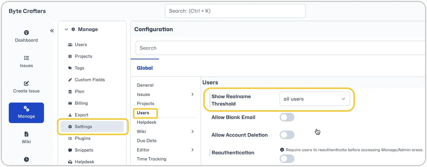 settings for showing user real names