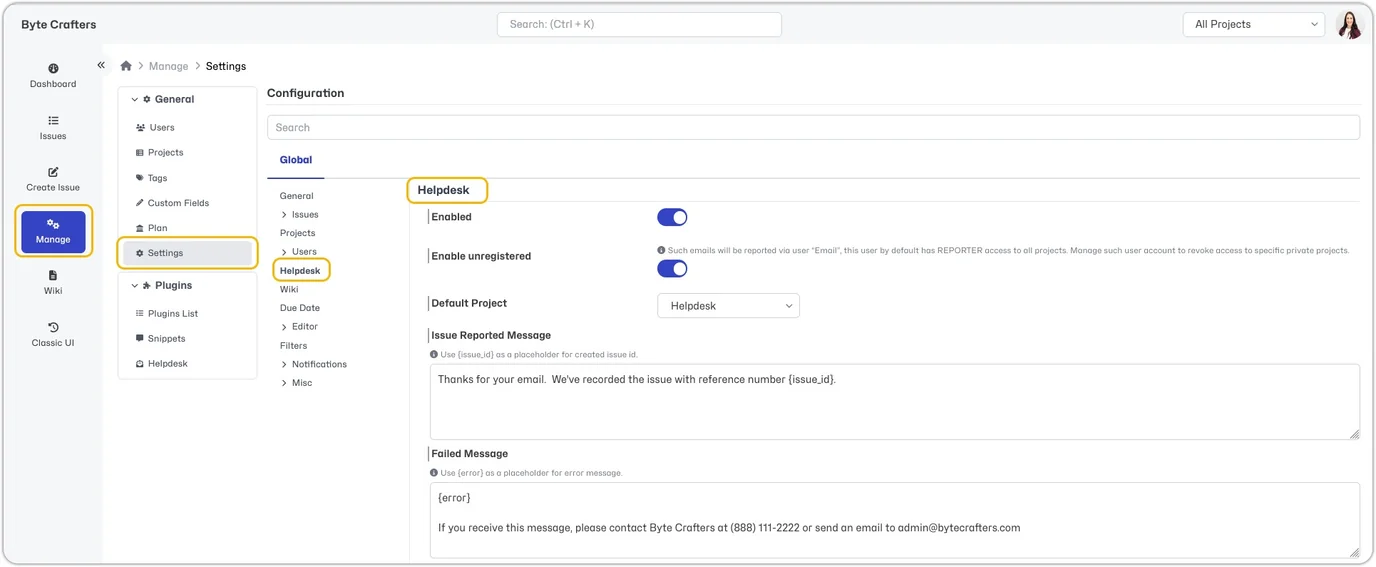 Helpdesk Settings