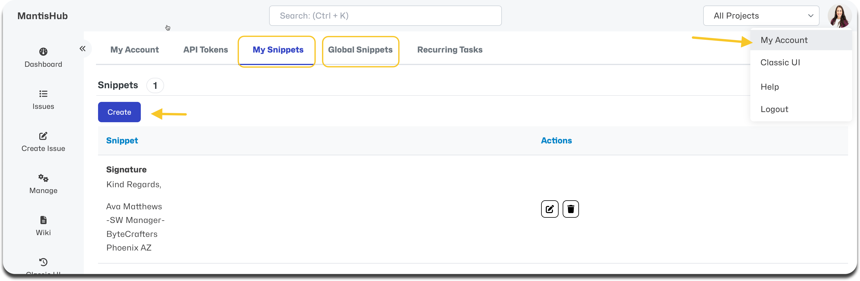 snippets config my account
