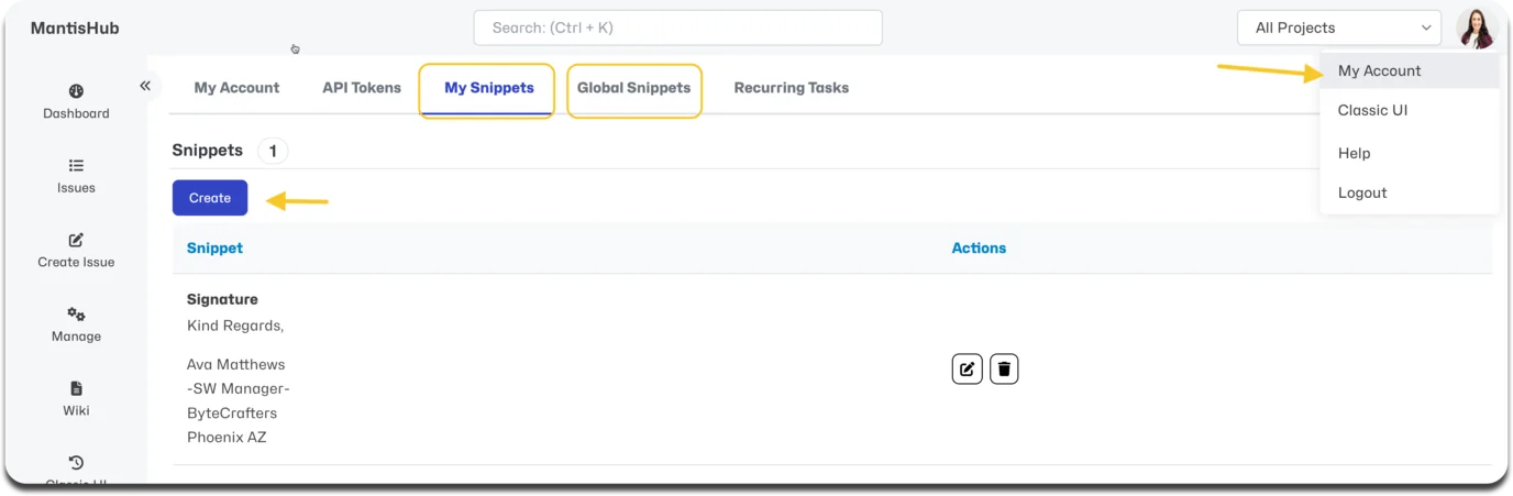 snippets config my account