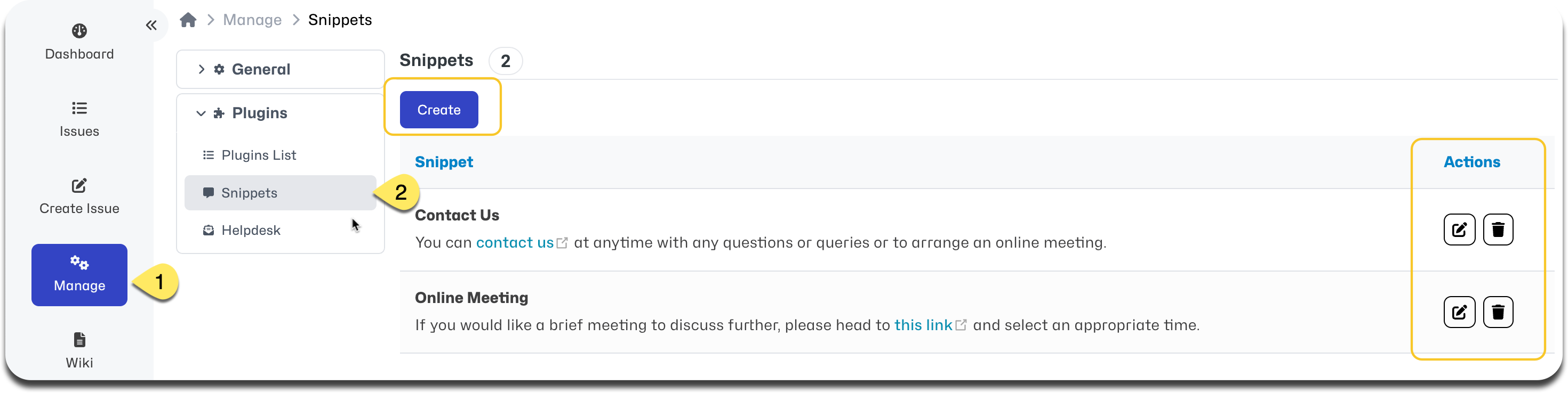 snippets config in manage