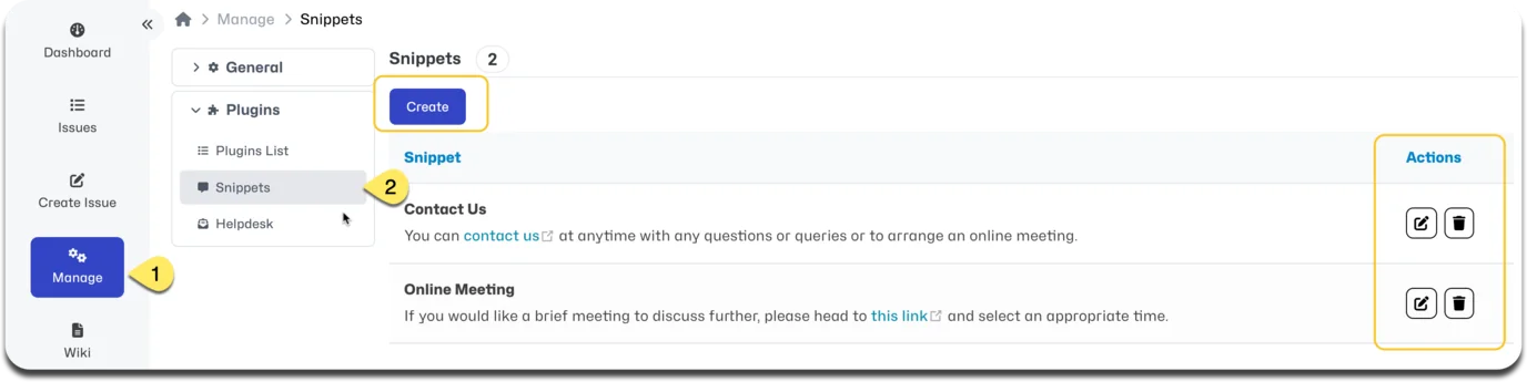 snippets config in manage