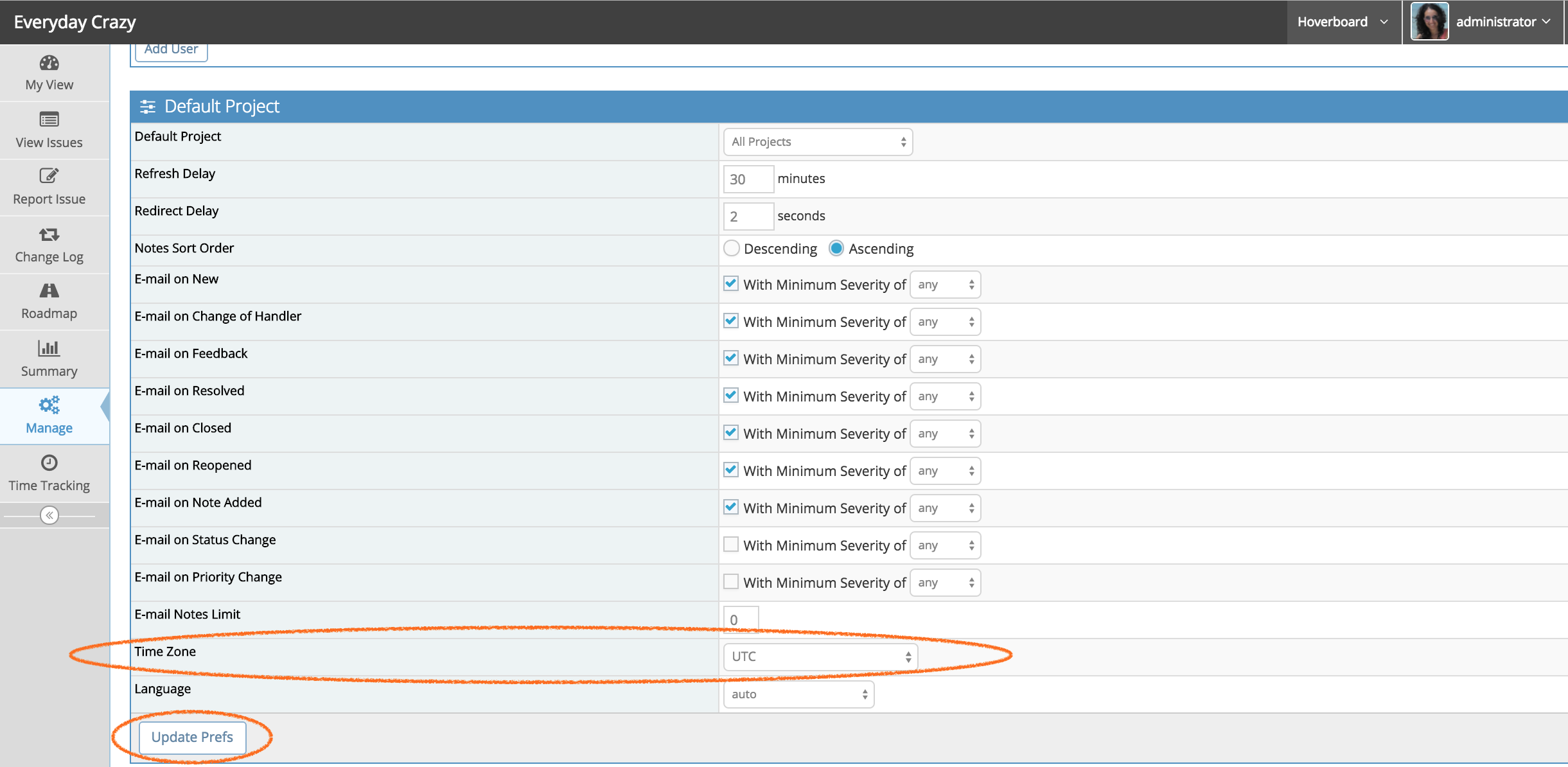 timezone setting in preferences
