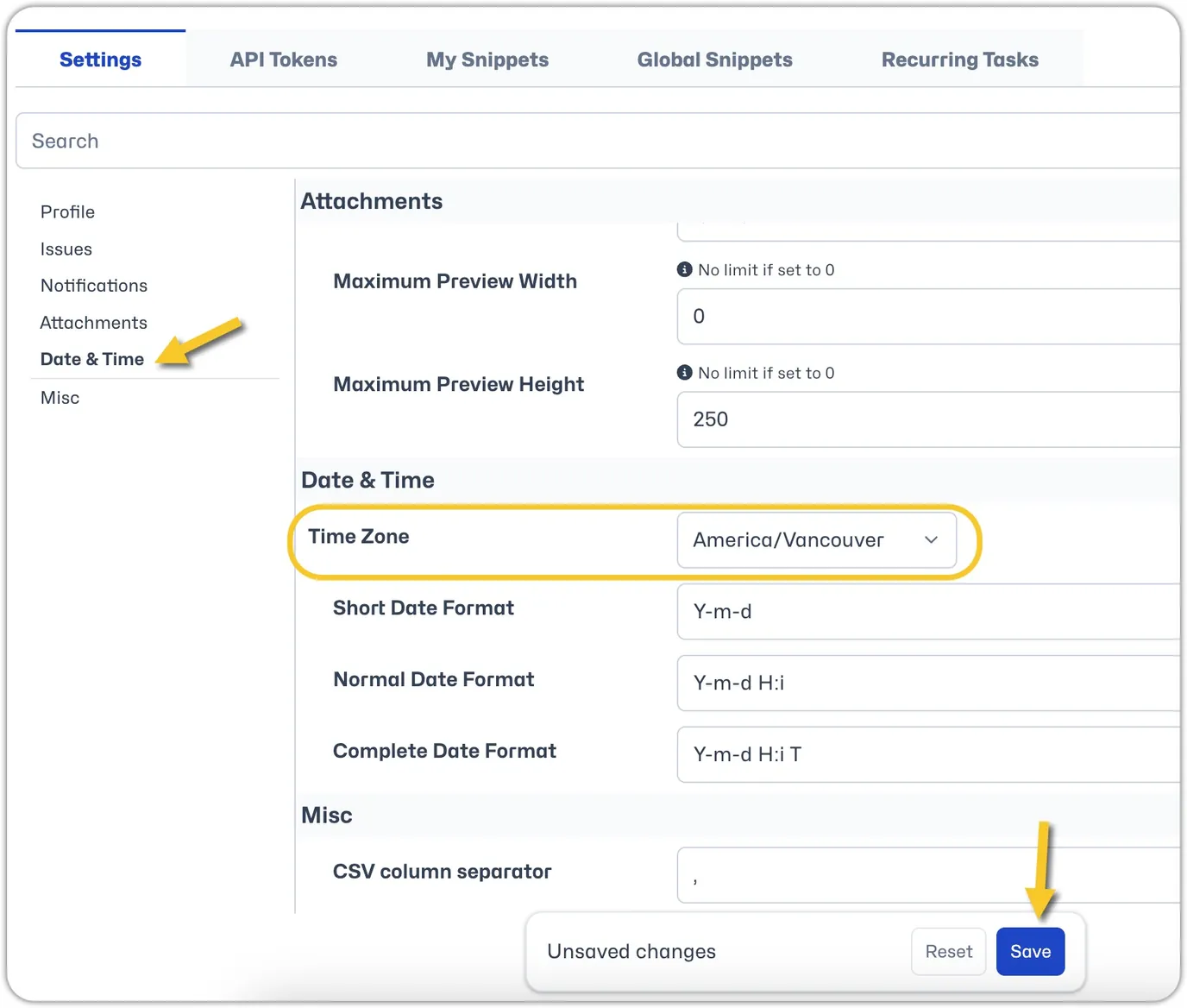 timezone setting in preferences