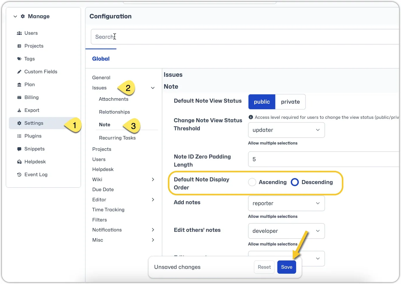 System note order setting