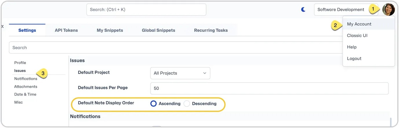 Personal note order setting